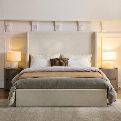 Full Size Upholstered Platform Bed Frame, 53.5" High Headboard Carmen Wingback Beds, Tall Headboard Floor Bed Frames, No Box Spring Needed No Noise, Minimalist, Textured Ivory