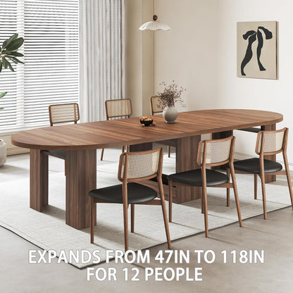 47-118 Inch Round Extendable Dining Table for 4-12, Kitchen Table with Wood Strip Base, Modern Oval Dining Room Table for Kitchen Living Room, Walnut