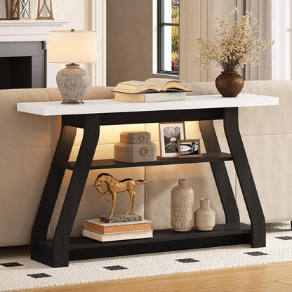 Console Table, 55-Inch Entryway Table with LED Light 3-Tier Narrow Wood Console Tables Behind Couch Sofa Tables for Living Room, Entryway, Hallway (Black+White)