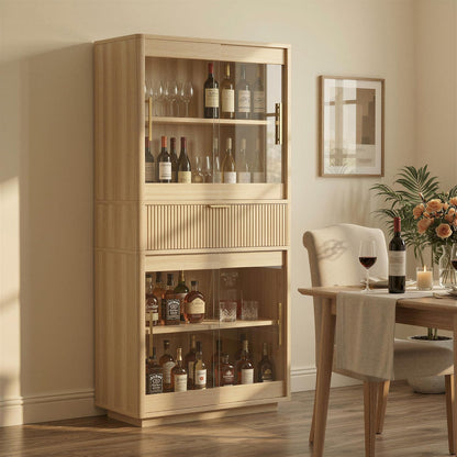IRONCK 69" Tall Kitchen Pantry, Modern Farmhouse Fluted Kitchen Storage Cabinet with Sliding Glass Doors, Adjustable Shelves & Drawer, Freestanding Cupboard for Kitchen Dining Room Living Room, Oak