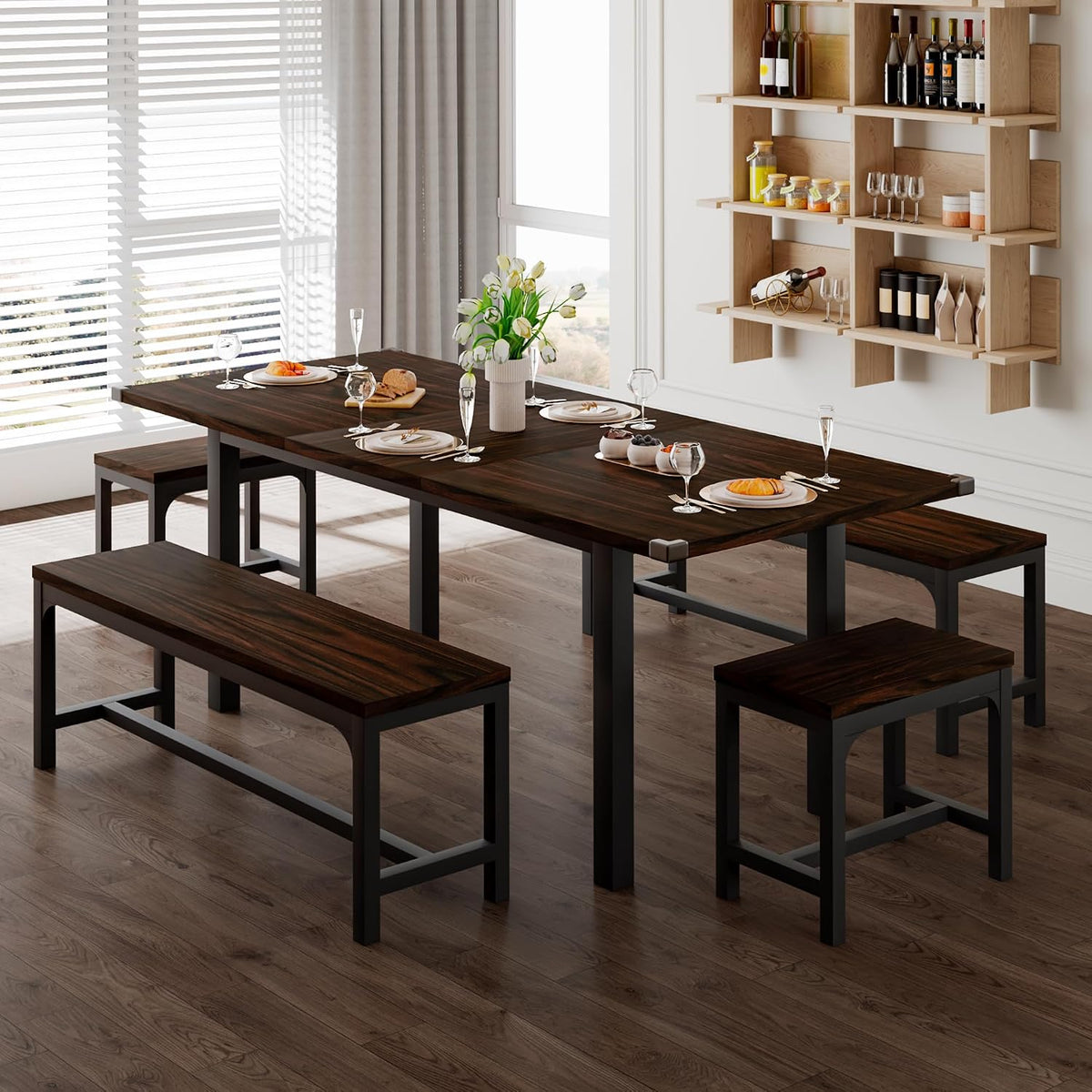 Feonase 5-Piece Dining Table Set for 4-8 People, 63" Extendable Kitchen Table Set with 2 Benches and 2 Square Stools, Dining Room Table with MDF Wood Board, Easy Clean, Dark Brown