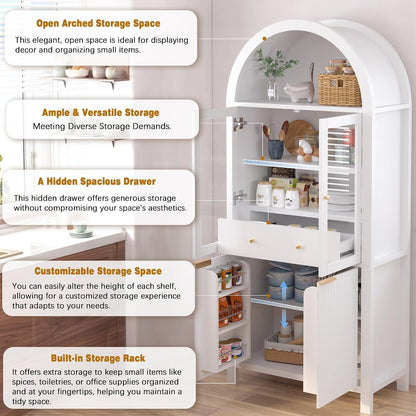 71" Fluted Tall Arched Kitchen Pantry with Glass Door, Farmhouse Storage Cabinet with Adjustable Shelves & Hidden Drawer for Kitchen, Living Room, Dining Room, White