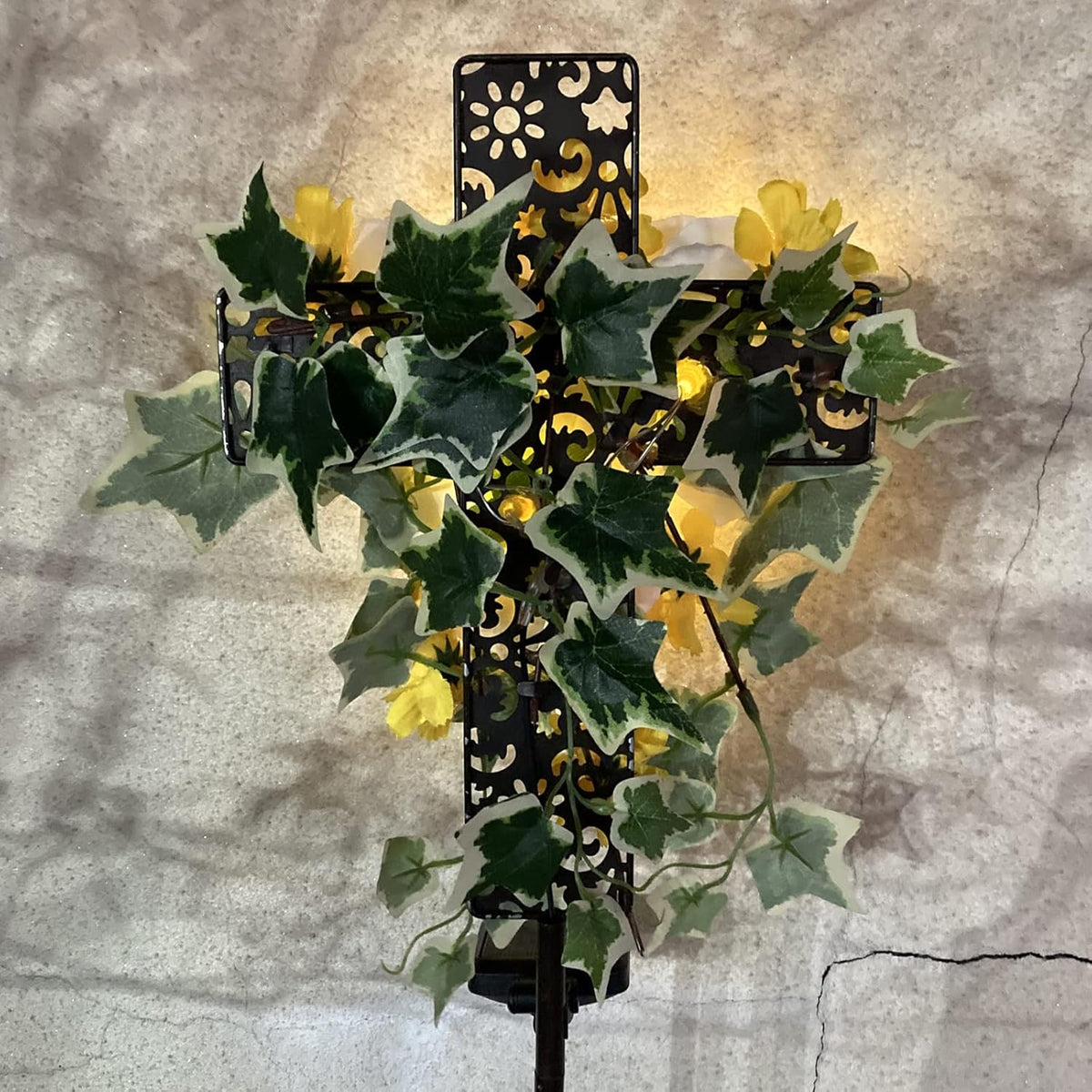 Starryfill Solar Cross Lights with Three Flowers, Solar Metal Stake with Led Warm White Lights Decorative for Outdoor Remembrance Sympathy Grave Gifts