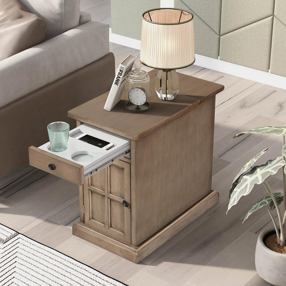 Traditional Wood Narrow End Table with Charging Station, Modern Vintage Sofa Side Table Storage & Multifunctional Drawer, Antique Brown Set of 2 for Living Room, Bedroom, Office, No Assembly
