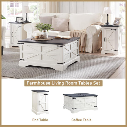 JXQTLINGMU Farmhouse Nightstand Set of 2 with Charging Station, 17" D Rectangular End Table with Barn Door & Adjustable Storage Shelf, Wood Rustic Sofa Side Table for Living Room, Bedroom, White
