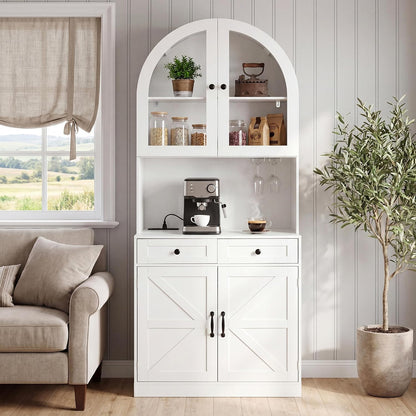75" Farmhouse Tall Arched Pantry Cabinet with Charging Station & Bar, White | Adjustable Shelves, Open Countertop for Coffee Bar, empered Glass Door, Barn Door Lower Cabinet, Smooth-Glide Drawer