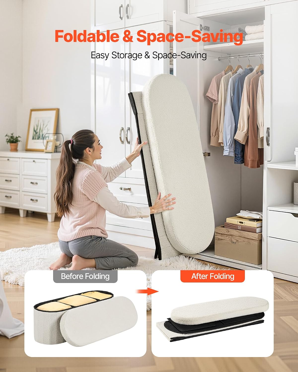 VEVOR Oval Storage Ottoman Bench, Foldable Teddy Fleece End of Bed Bench, Folding Upholstered Bed Ottoman Chest with Large Storage Space, Supports 660 lbs, for Living Room, Bedroom, Entryway, Beige