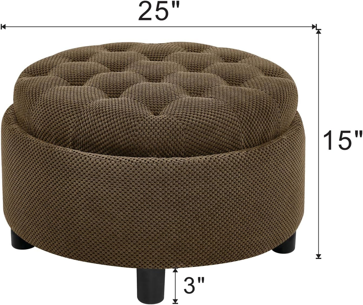 25'' Round Storage Ottoman with Reversible Tray Lid, Tufted Footrest Stool with Hidden Storage, Couch Side Table for Low Tea (Coffee)