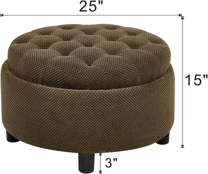 25'' Round Storage Ottoman with Reversible Tray Lid, Tufted Footrest Stool with Hidden Storage, Couch Side Table for Low Tea (Coffee)