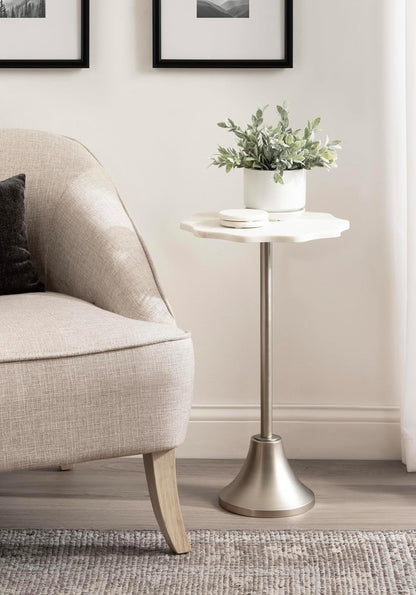 Kate and Laurel Sanzo Modern Pedestal Round Side Table, 14 x 14 x 24, White Marble and Silver, Decorative Circle End Table with Scalloped Marble Tabletop for Indoor Plant Stand or Bedroom Nightstand