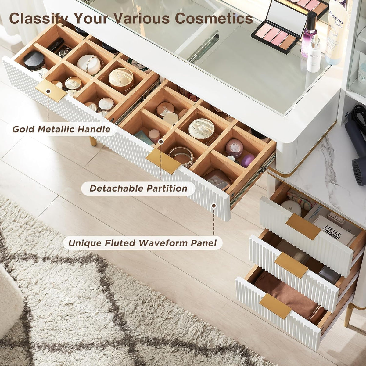 T4TREAM Fluted Makeup Vanity Desk with 36" HD Lighted Mirror, 48" Big Modern Vanity Desk with Mirror and Lights, Dressing Table with 5 Drawers & Shelves, Glass Top for Bedroom (Off White)