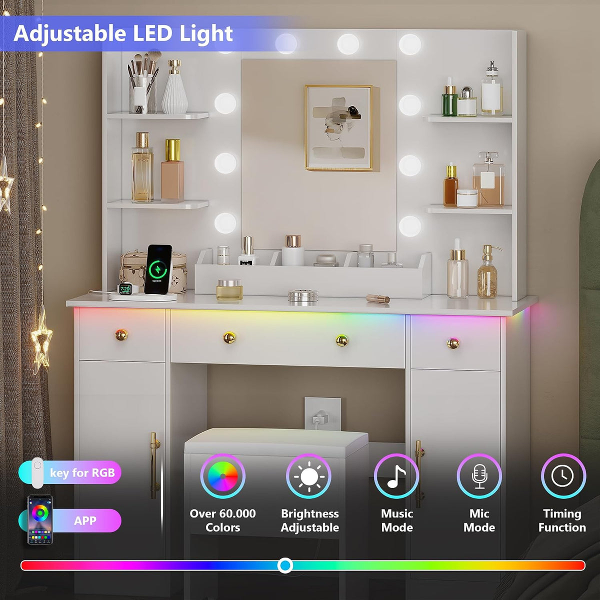 HUANLEGO Vanity Desk with Mirror and Lights, Makeup Vanity with Charging Station & Vanity Stool, 3 Drawers and Cabinets White Vanity Mirror with RGB LED Lights Vanity Desk and Chair for Women