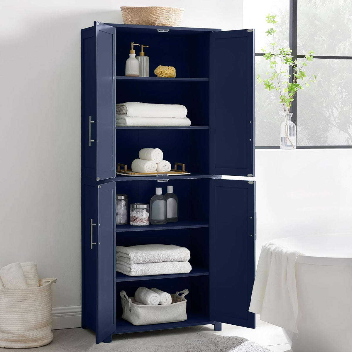 Crosley Furniture Savannah Tall Pantry Storage Cabinet with Shelves, Kitchen, Dining, or Laundry Room, Navy