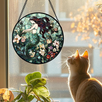 Stained Glass Window Hanging - Teal Sleeping Mermaid Suncatcher for Door Terrace Garden Home Decor, Sea of Flowers Sun Catcher Birthday Gifts for Lovers Women Men Dad Mom Nana 15 in