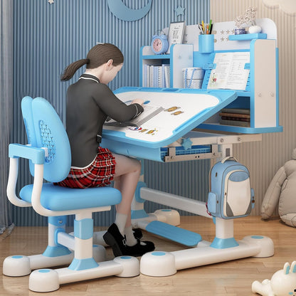 Kids Study Desk Chair Set for 3-18 Years Old, Height Adjustable Children School Study Table Chair Set with Sitting Corrector, Ergonomic Desk Chair with Book Stand, Foot Pedal Blue