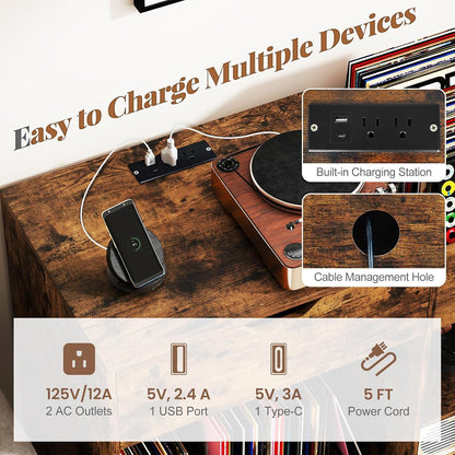 Giantex Large Record Player Stand with Charging Station, Mid Century Turntable Stand Holds Up to 300 Albums, Record Player Table w/Drawer & Display Shelf, Vinyl Record Storage for Living Room, Brown
