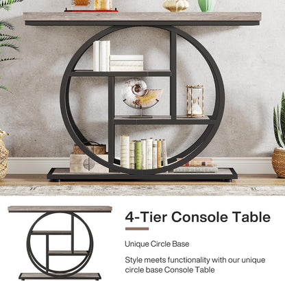 Tribesigns 41.3" Console Table, Industrial 4-Tier Sofa Table Entryway Table with Circle Base, Narrow Wood Accent Tables with Storage Shelves for Living Room, Hallway, Foyer, Gray | Industrial