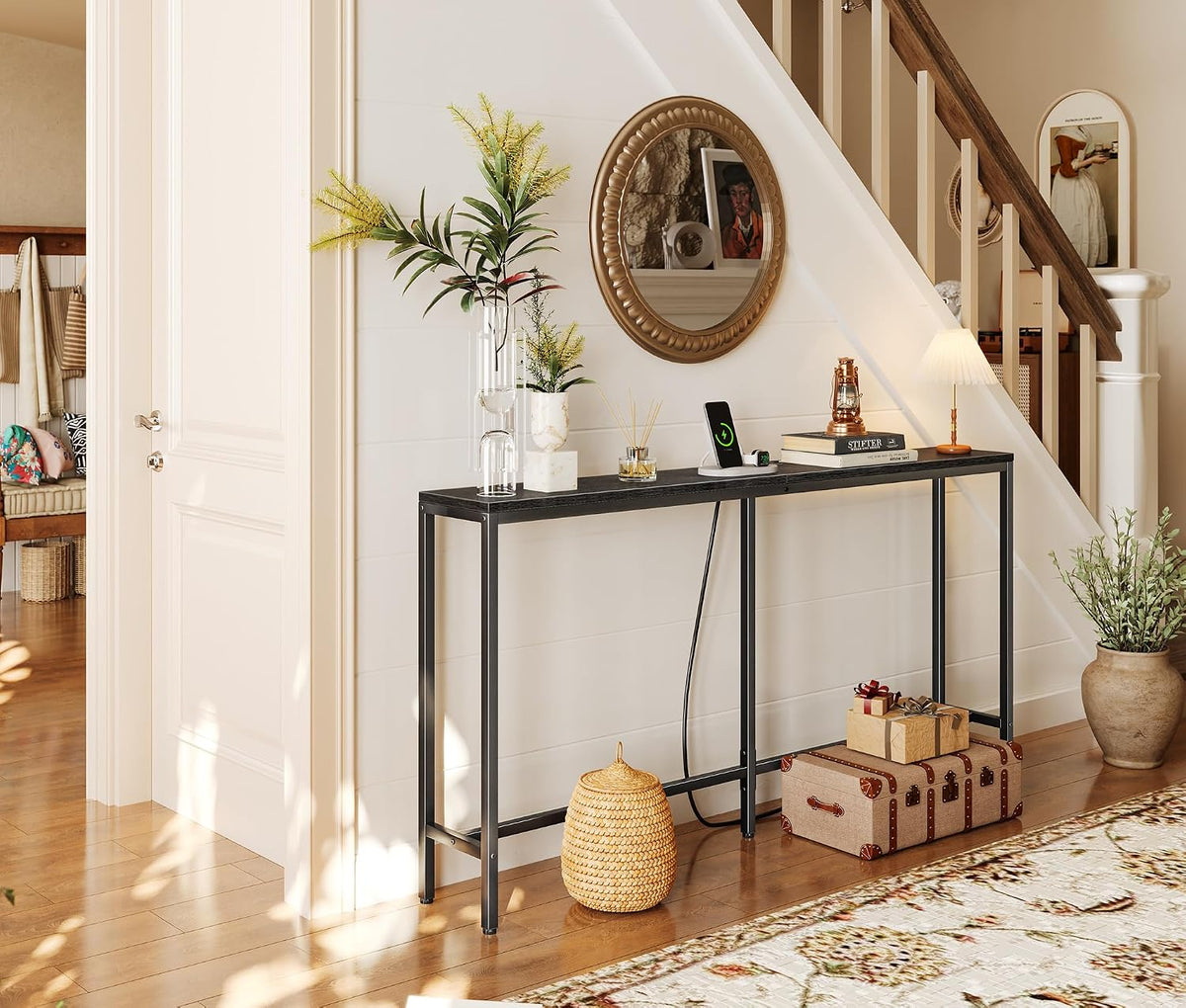 SUPERJARE Console Table with Outlet, 63 Inch Sofa Table with Charging Station, Narrow Entryway Table, Skinny Hallway Table, Behind Couch Table, for Living Room, Plants, Black