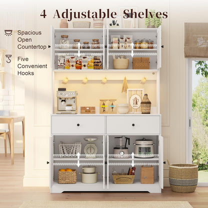 71" Kitchen Pantry Cabinet with Charging Station, Pantry Storage Cabinet Farmhouse Kitchen Hutch with Microwave Stand, Coffee Bar Station with Doors and Adjustable Shelves for Kitchen, White