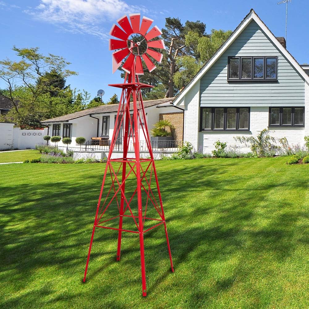Garden Windmill for Yard Decor, 8 ft Tall Metal Windmill with Spinning Blades, Weather-Resistant Outdoor Windmill for Lawn, Farmhouse, Rustic & Farm Decor, Red