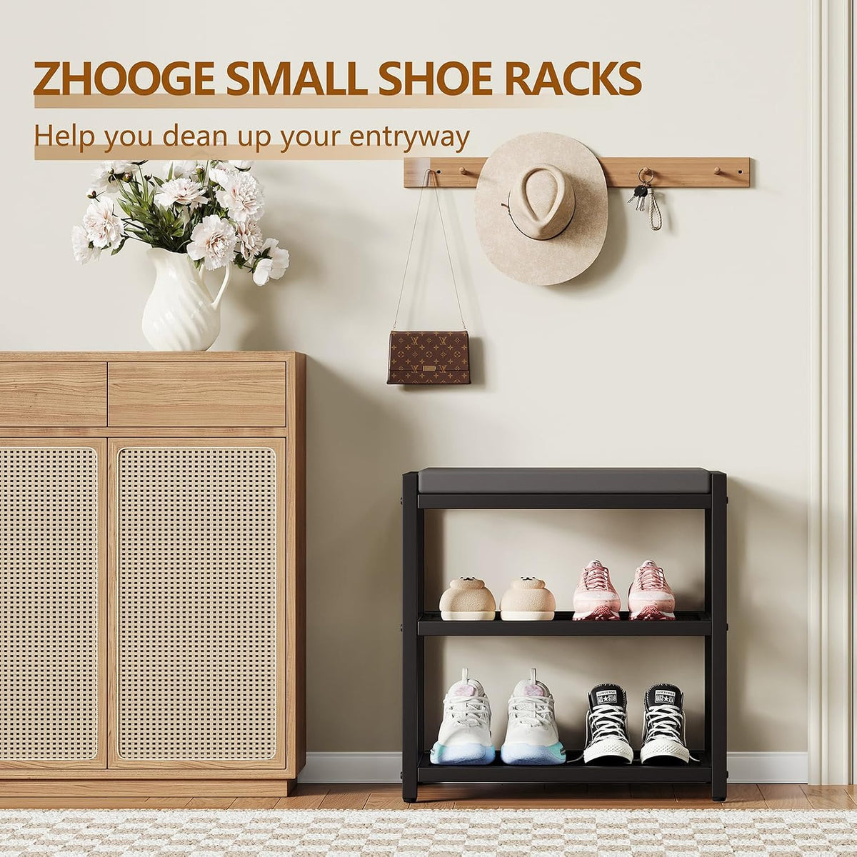 ZHOOGE Small Shoe Bench Shoe Rack Storage Bench Entryway Bench Shoe Shelf with Seat Cushion, Stable Shoe Organizer for Entryway, Living Room, Bench Seat Holds Up to 300 lb, (17"x 10"x 16", L x W x H)