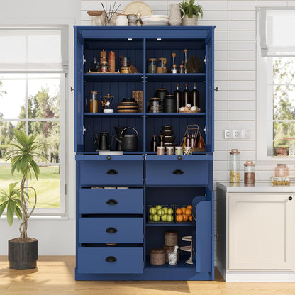 Tall Kitchen Pantry Cabinet with Glass Doors, Display Cabinet Coffee Bar Cabinet with Drawers, Serving Trays and Shelves for Dining Room, Living Room (Blue)