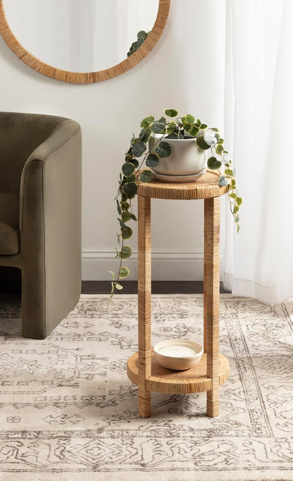 Kate and Laurel Rafina Round Rattan Drink Table, 13 x 13 x 28, Natural Brown, Transitional Boho Circle Wooden Accent Pedestal Table for Indoor Plant Stand or Living Room Decor Accent