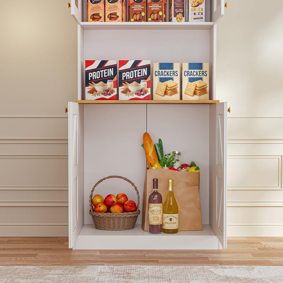 71" White Farmhouse Kitchen Pantry Cabinet Set of 4— Freestanding Coffee Bar with Glass Doors or Drawers, Microwave Stand, Large Storage Hutch with Adjustable Shelves for Kitchen, Living Room