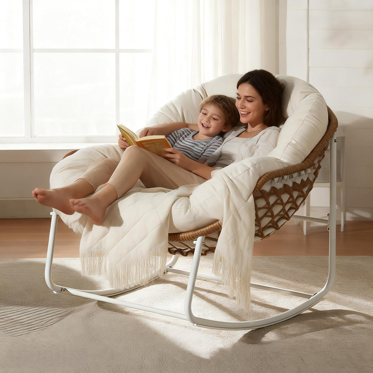 YDcosyfy Oversized Outdoor Papasan Rocking Chair with Soft Cushion, Comfy Patio Egg Chair, Wicker Lounge Rocker for Balcony/Porch/Garden, Reinforced All Weather Rattan Frame, 330 lbs Support, Cream
