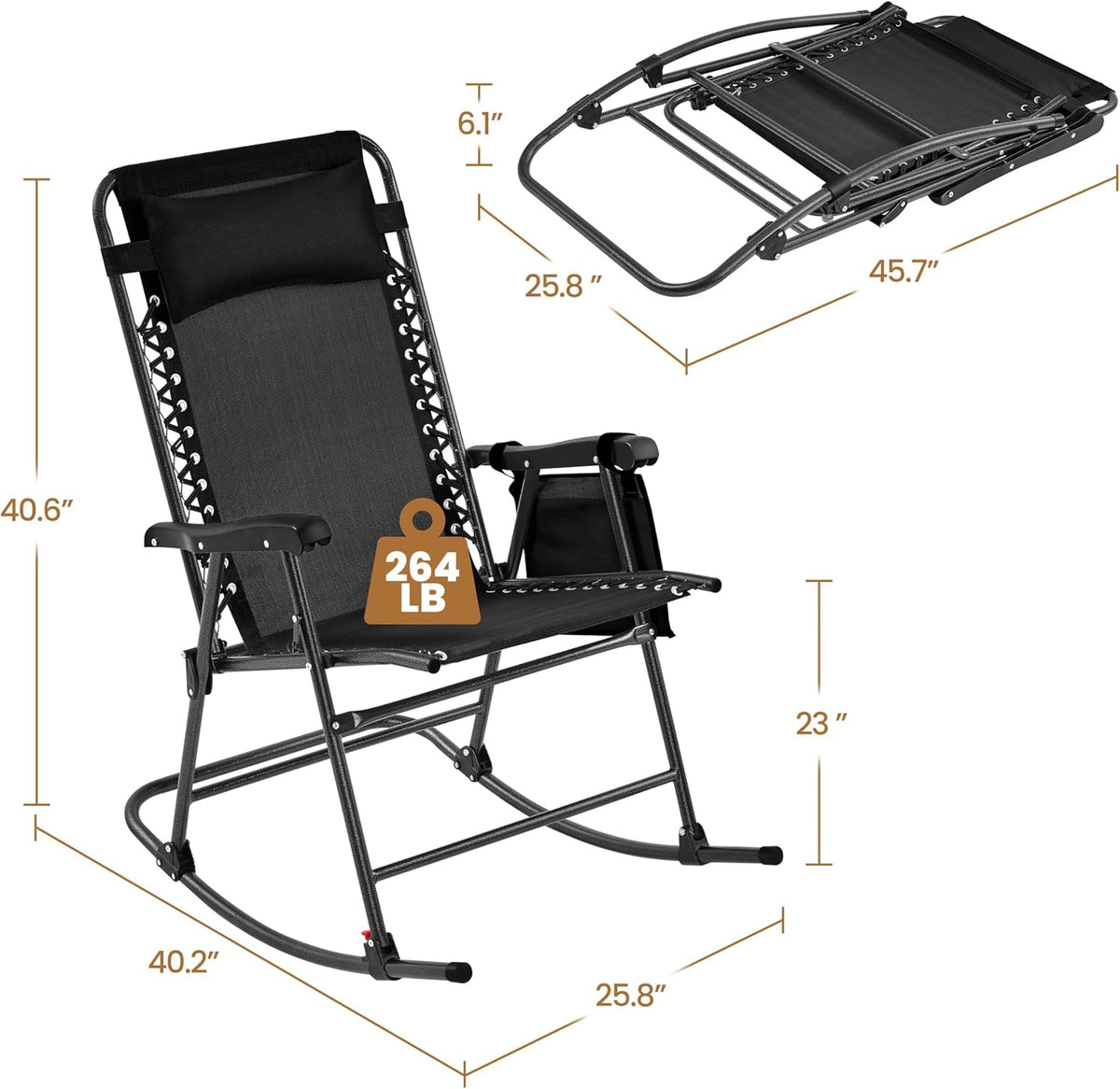 Yaheetech 26in Rocking Chair Outdoor Zero Gravity Folding Chairs Rocking Chairs Foldable Outdoor Reclining Lounge Chair for Outside Lawn with Cupholder/Pillow Ergonomic Design for Rest, Black