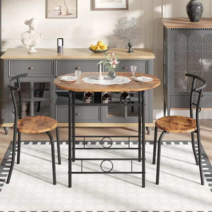 VECELO 3-Piece Dining Table Set for Kitchen Breakfast Nook, Wood Grain Oval Tabletop and Metal Frame with Built-in Wine Rack, for Small Spaces, Antique Brown & Black