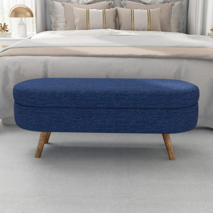 Oval Storage Ottoman Bench with Hidden Storage and Foam Padded Seat, Upholstered Entryway Footstool with Rubber Wood Legs, Decorative Bedroom End of Bed Accent Furniture for Living Room (Blue)