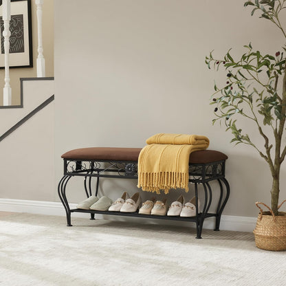 Bluecat Entryway Shoe Bench with Brown Padded Cushion, Metal Frame Multi-Functional Shoe Changing Bench for Hallway Living Room Bedroom