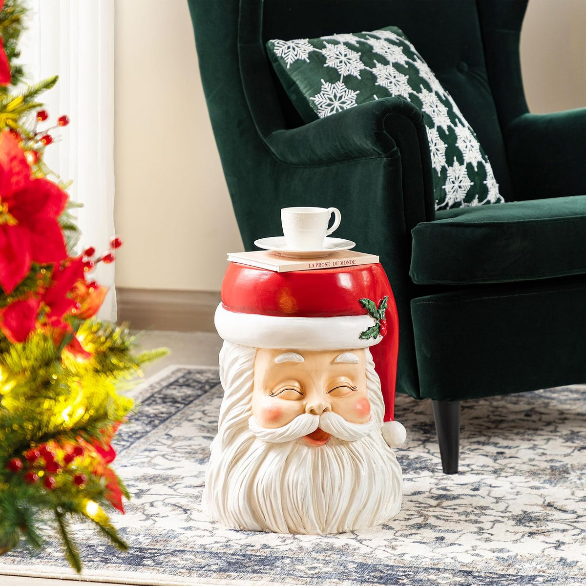 Glitzhome Side Tables Living Room, Round Coffee Accent Table Nightstand, Small Christmas End Table MgO Santa Stool for Bedroom Home Office Dorm Decoration, 16'H