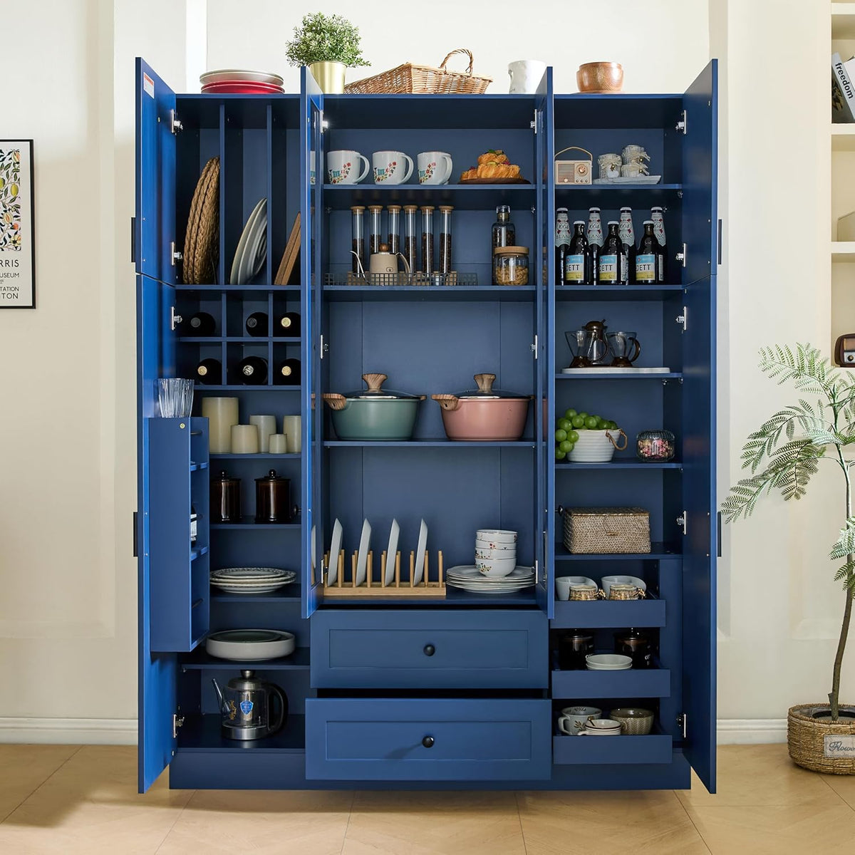 Modern Pantry Storage Cabinet with Adjustable Shelves and Drawers, 6 Doors Wood Cupboard with Pull-Out Trays and Wine Rack for Dining Room, Kitchen (Blue)