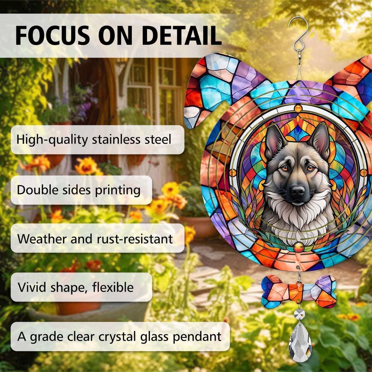 Norwegian Elkhound Dog Ears Wind Spinner, Norwegian Elkhound Wind Spinner Hanging for Yard and Garden