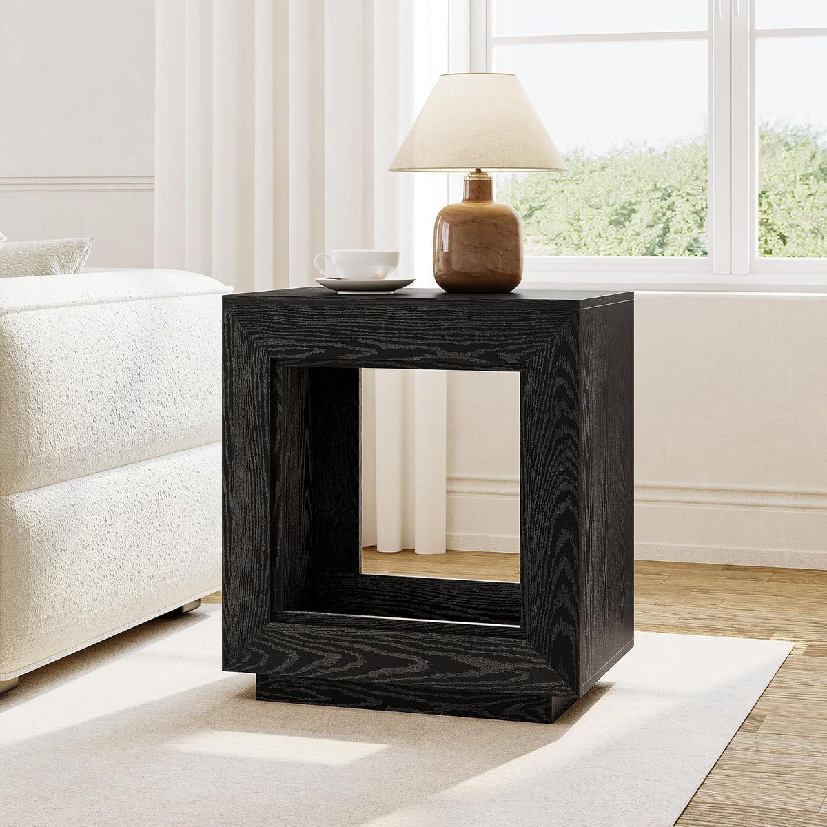 LITTLE TREE End Table with Storage, Wooden Square Side Table, Industrial Sofa Side Tables for Living Room, 2-Tier Bedside Table Nightstand for Bedroom, Chair Side Table for Small Spaces, Black