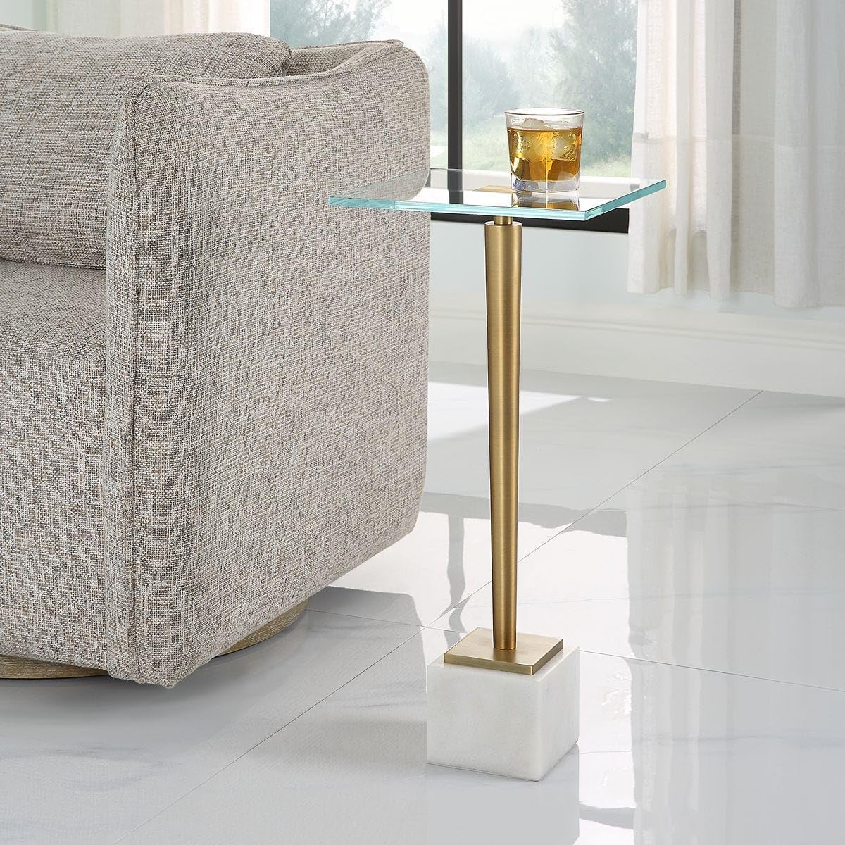 Miri Accent Table | Brass Plated and Tempered Glass Top with White Marble Base (11 in. W x 25 in. H)