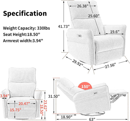 Power Swivel Rocker Recliner Chair with USB Charging Port | PU leather, 270° swivel, power recline, rocking motion, USB & Type-C ports, side pockets, 330 lb capacity, living room