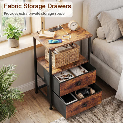 LOAKEKEL Night Stand, Nightstands Set of 2 with Charging Station | Bedside Table with 2 Fabric Drawers for Bedroom, End Tables with Storage Shelf for Small Spaces, Rustic Brown
