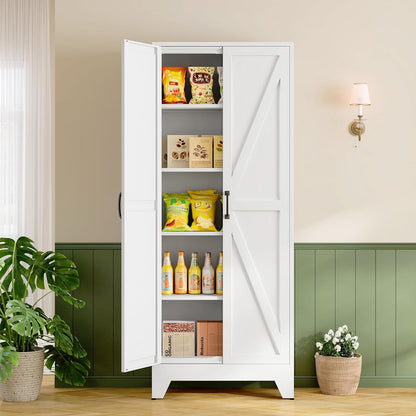 RAVIGIN Farmhouse Storage Cabinet,72" H Metal Pantry Cabinet with Barn Doors and Adjustable Shelves,72" H 6-Tier Rustic Pantry Organizers for Kitchen,Dining Room,White