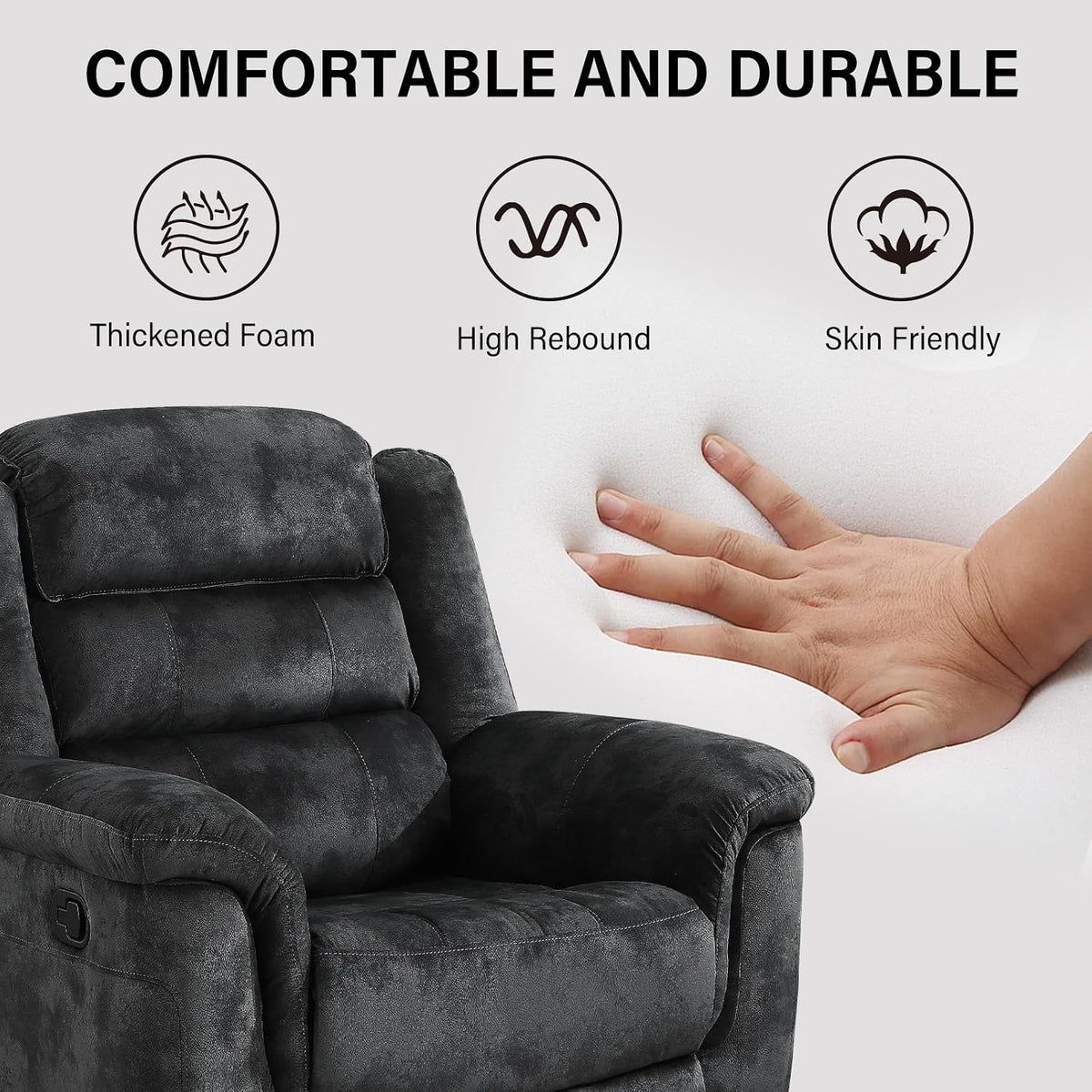EBELLO Manual Recliner Chair, Soft Fabric Recliner Sofa with Overstuffed Armrest and Backrest for Living Room, Bedroom, Grey