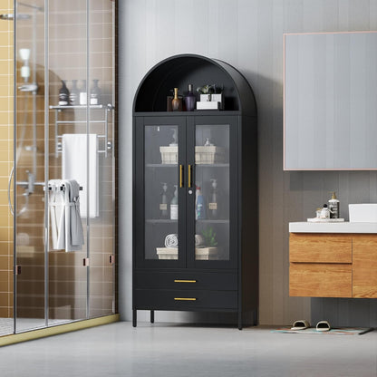 73" Tall Display Cabinet with Glass Doors and 2 Drawers, Metal Arched Cabinet with 2 Adjustable Shelves & Lock, Freestanding Curio Storage Cabinet for Home, Assembly Required, Black