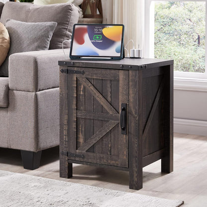 OKD Farmhouse Nightstand Set of 2, 18 Inch Rustic End Table with Charging Station, Barn Door, Adjustable Storage Shelf, Wood Sofa Side Table for Living Room, Bedroom, Dark Rustic Oak