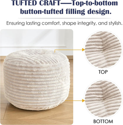 Round Ottoman,Corduroy Pouf Foot Rest,Beige,20x15 in | Corduroy Cover,Storage Ottoman Footstool for Living Room,20x15 Soft Floor Poufs,Memory Foam Filling,Footrest only