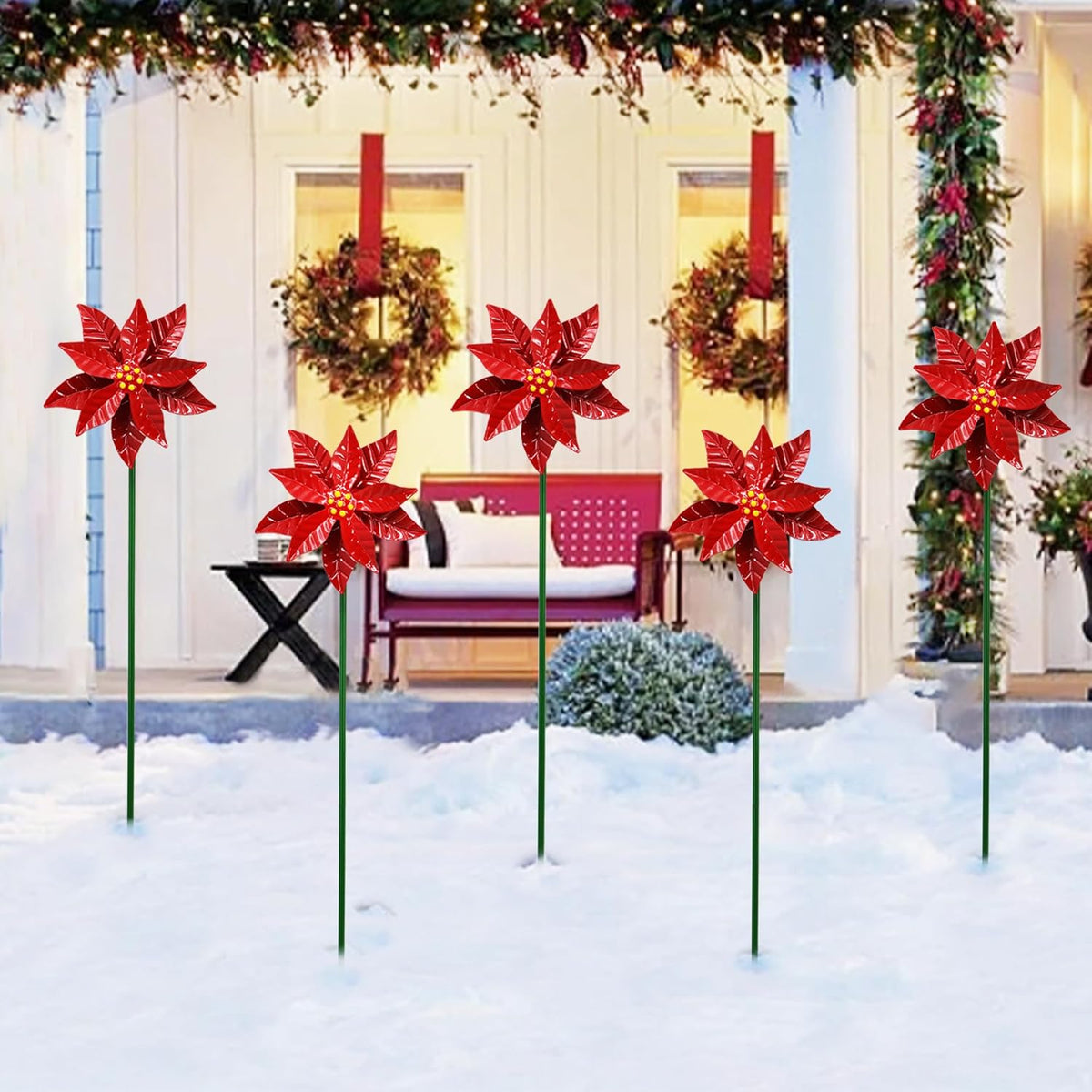 Metal Flower Wind Spinner Garden Lawn Stakes Yard Art, 27 Inch Poinsettia Windmill Iron Handicraft Lawn Decorations, 5 Pieces Christmas Star Stake Outside Garden Decorations for Metal Yard Art