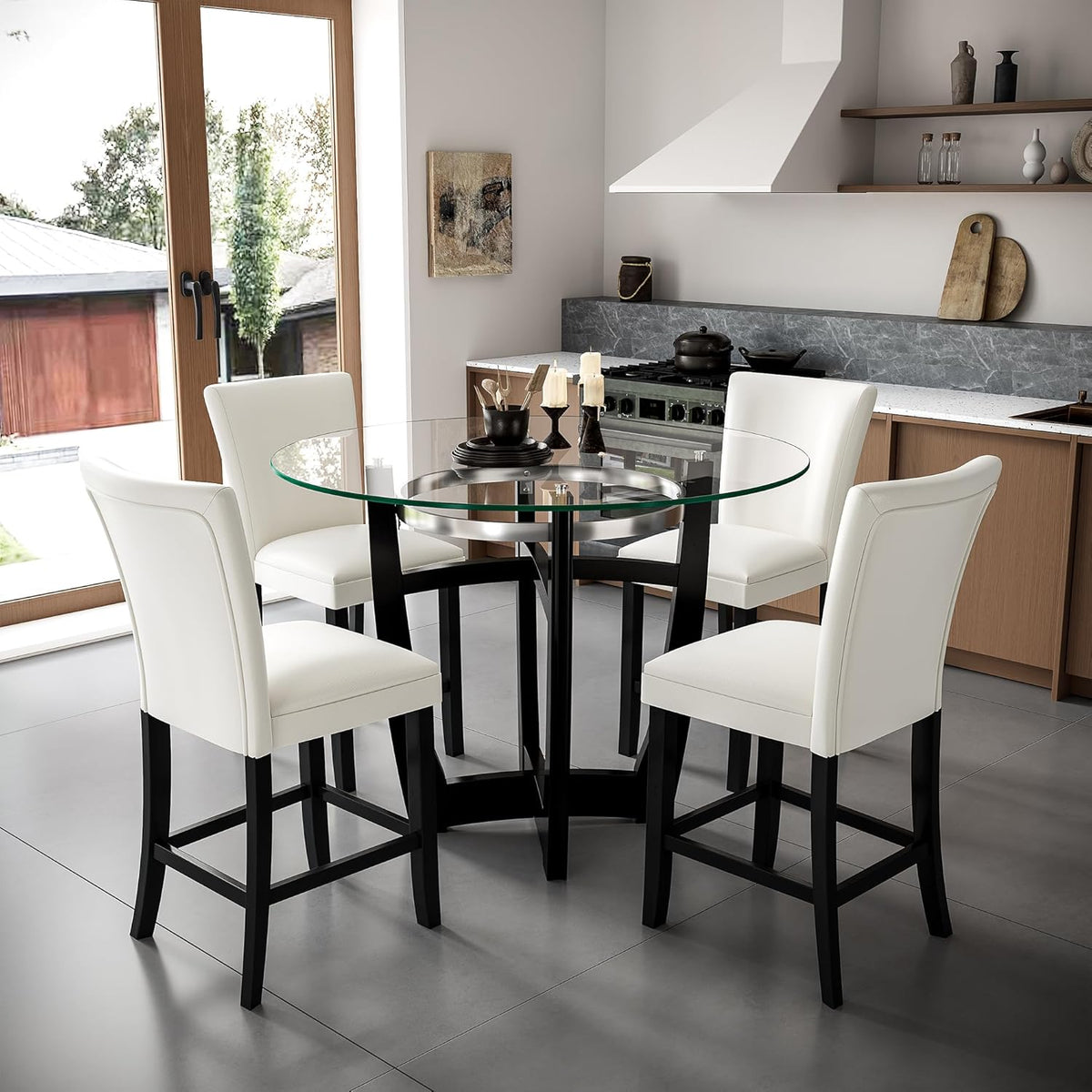 PADMA HOUSE Glass Pub Dining Set for 4, 45in Modern Round Wood Glass Counter Height Bar Table with 4 Leather Pub Stools 5 Pieces Round Bistro Dining Table Chair Set,Clear&Ivory