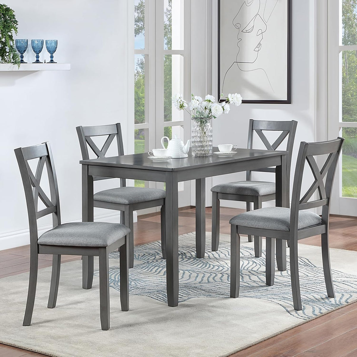 LUMISOL 5-Piece Dining Table Set for 4, Farmhouse Kitchen Table Set with 4 Upholstered Chairs, Wood Table and Chairs Set for Dining Room, Kitchen, Small Space, Grey