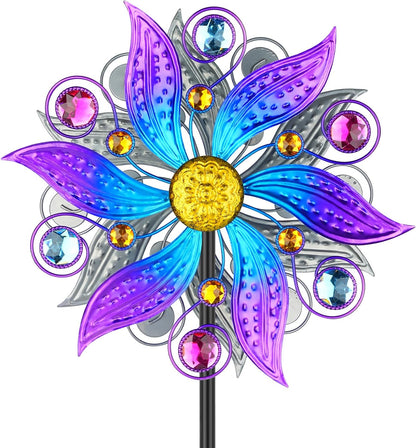 Metal Wind Spinner Outdoor, Purple Flowers Wind Sculpture Spinners with Metal Stake, Yard Art Decor for Patio, Lawn & Garden, Creative Gifts 57.5 * 13.3 Inch