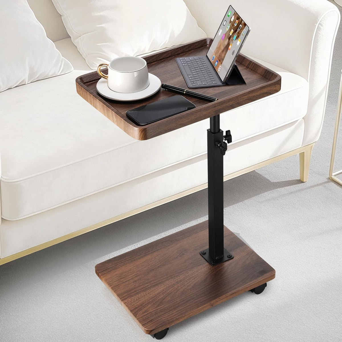 C Shaped End Table for Couch, Adjustable Height C Shaped Side Table with Wheels,TV Trays Table for Sofa, Bedroom,Living Room Small Spaces Couch Table